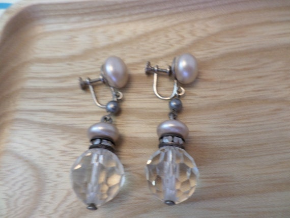 Vintage screw back earrings crystal ball and pearl rhinestone dangle 60's