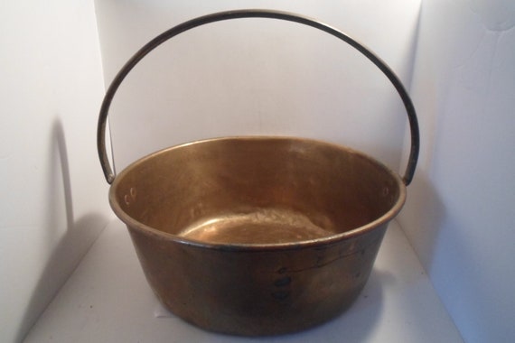 Antique Original Brass Iron Handle Apple Butter Bucket Kettle 15"wide 13"tall Heavy Farmhouse or Cottage Decor Chic Accessory