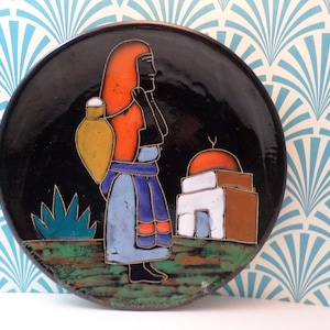 vintage Haitian folk-art pottery plate vibrant woman hand painted H. Arfaoui