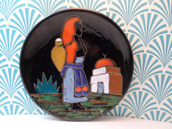 vintage Haitian folk-art pottery plate vibrant woman hand painted H. Arfaoui