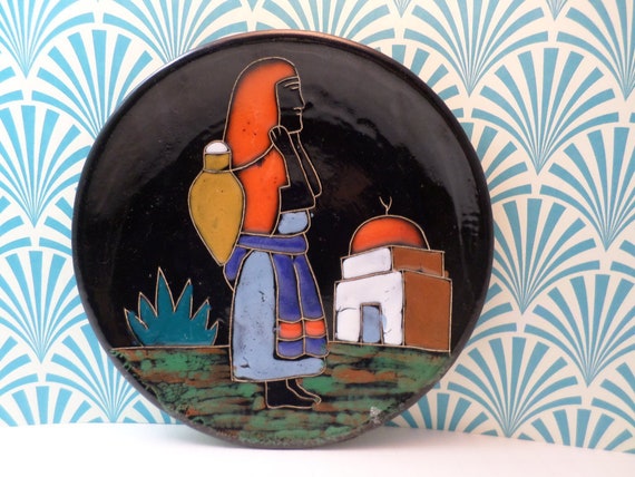 vintage Haitian folk-art pottery plate vibrant woman hand painted H. Arfaoui