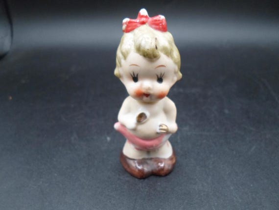 Vintage Made in Japan Baby Figure Spoon Fork in hand Red Bow. Cutie Deco Gal