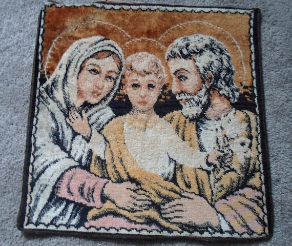 Vintage Plush Tapestry Pillow Cover/Wall Hanging Holy Family Jesus Mary Joseph Beautiful Loving Spiritual 17"x17" Rare 40's to 60's