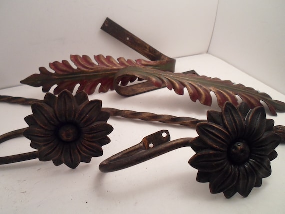 Antique Art Deco Group Drapery Curtain Tiebacks Metal Flowers Leaves Holders and Barley Twist Arrow Rod All Original Farmhouse to City Cool