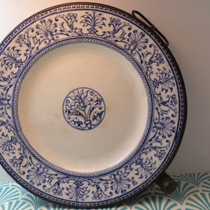 Beautiful Antique warming plate porcelain blue pattern with metal warmer underneath