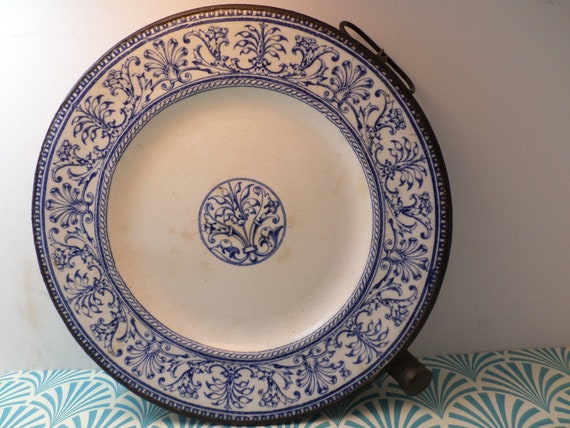 Beautiful Antique warming plate porcelain blue pattern with metal warmer underneath