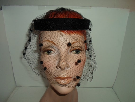 Mid Century Net Black Velvet Circle Hat Head Covering Whimsical Velvet Design on Netting