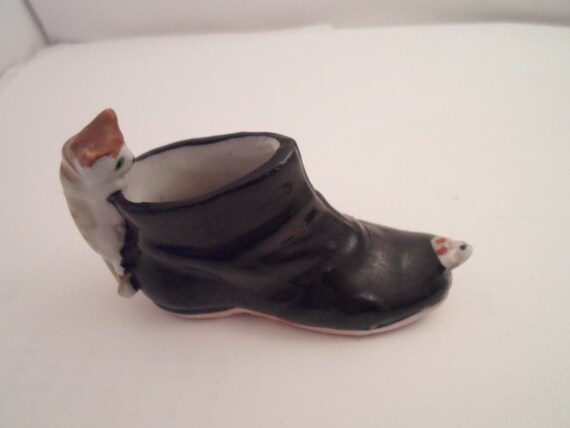Antique Mini Bisque Black Boot Shoe with Cat and Mouse Adorable Puss n Boots Japan Mini Kitty Mouse 3"long 2" high