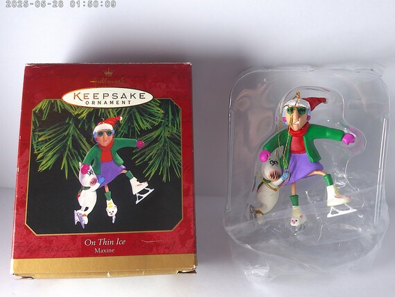 Vintage 90's Hallmark Keepsake Ornament Maxine On thin Ice with her dog Christmas in box
