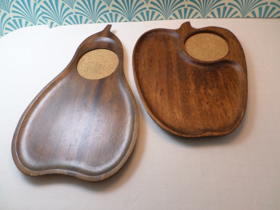 MCM walnut wood pear and apple snack trays with cork glass/cup holder sweet!