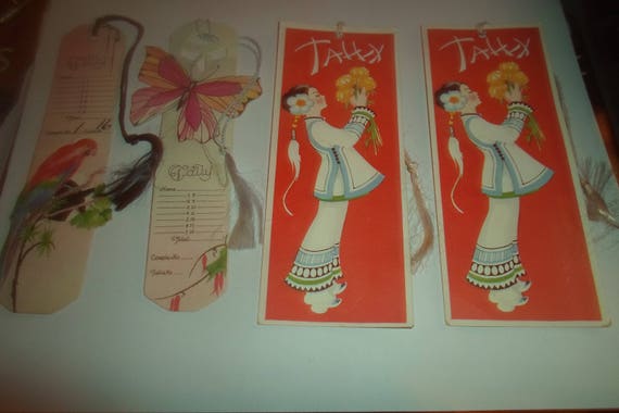 4 Art Deco Tally Cards for Bridge Two Beautiful Chinese Girls in Costume Two Parrot Butterfly Use Repurpose for Book Markers Gretting Card