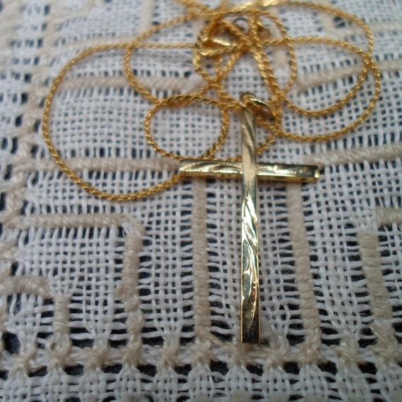 Vintage Engraved Cross and 18" Chain Gold Tone Unisex 1980's