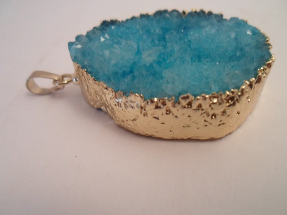 Natural Large Gold Plated Druzy Pendant Robin Egg Blue Color Natural Crystal Elegant