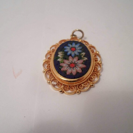 Vintage Italian Mosaic Pendant Delicate Filigree Micro Mosaic