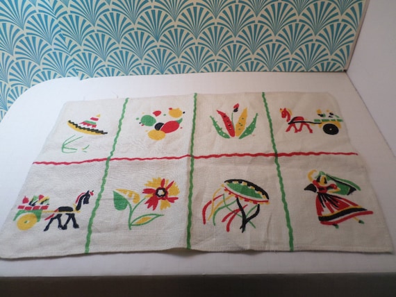 sweet vintage 1940's table linen Mexican cactus, dancer, sombrero and more on the cloth