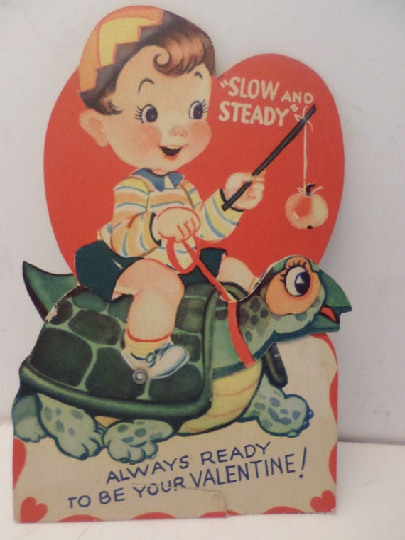 Vintage 1930s Valentine moving turtle pony slow and steady