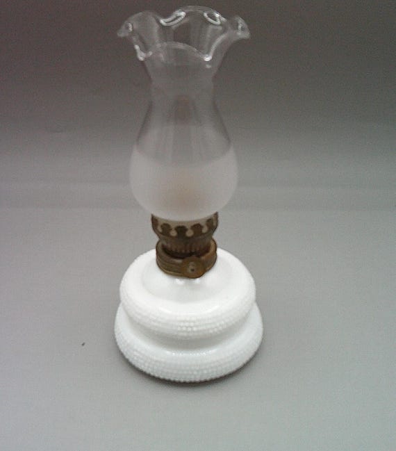 Antique Milk Glass Small size Hobnail Oil Lamp 8" Signed on Bottom Original Signature 1940's 50s' Clear half Frosted original chimney.