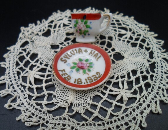 Vintage 1932 Antique Souvenir Mini Cup and Saucer Sylvia Hall Feb. 18, 1932, Made in Japan hand painted