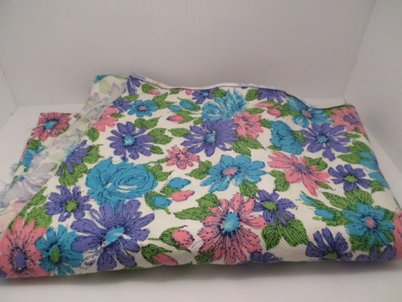 Vintage 60's cotton pique' fabric pink purple blue green flowers 53" by 39" upholstry, dress, pillow crafting brady bunch chic