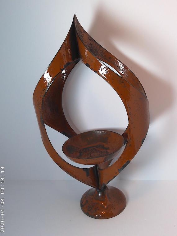 Mid Century Modern Hanova Of Pasadena Flame Sculpture orange enameled 17" high pillar candle holder Brutalist
