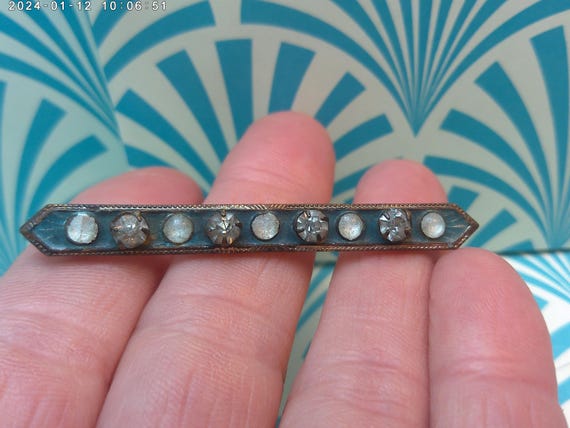 Antique Art Deco moonstone, enameled, rhinestone bar pin blues, worn silver overlay