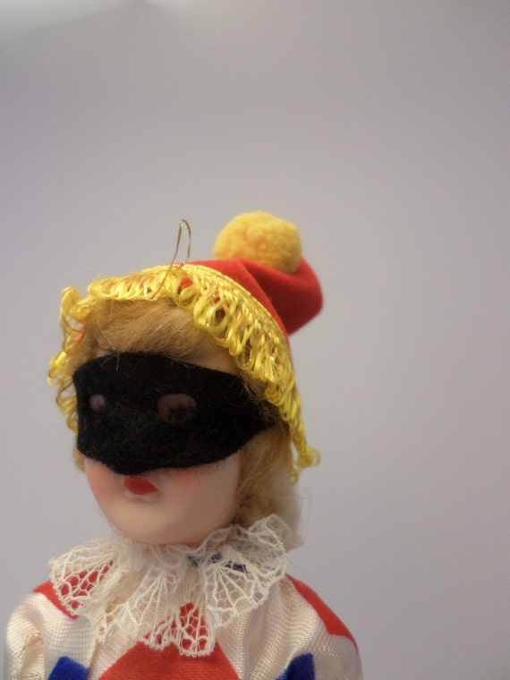 Vintage storybook doll Masquerade ball Harlequin dress jester hat super cute on stand 8"