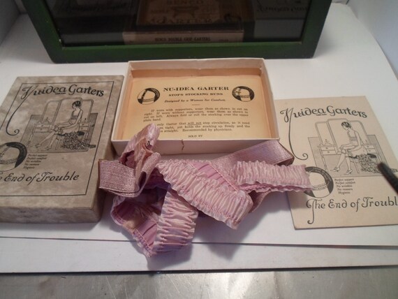Antique Art Deco Nuidea Garters in Original box with Instruction Cards Adorable Vanity Chic Great Violet color