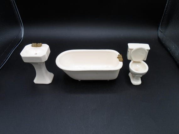 Vintage Mini Dollhouse Ceramic Bathroom Set Tub Toilet and Pedestal Sink