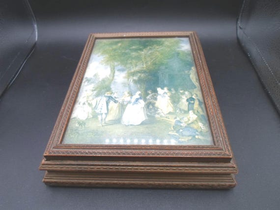 Vintage Antique 1940's Jewelry Trinket Box Wood Glass Top Print Mirror Inside Glass Bottom