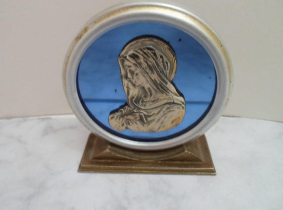 Vintage Virgin Mary Original Art Deco Madonna Blue Mirror: Blessed Mother Metal Stand Rare.