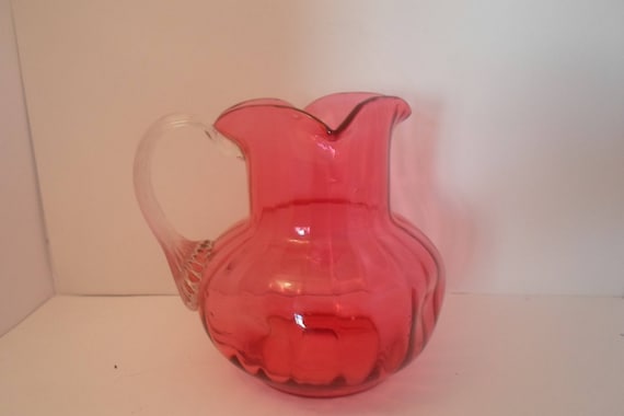 Antique Victorian Thumbprint Cranberry Bulbous Glass Water Pitcher Applied Hand Blown Farm To Table Ready.