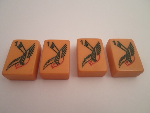 Antique 4 Mahjong Butterscotch Bakelite Matching Birds Game Tiles for Jewelry Making or Collection Superb Wingspan