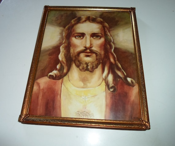 Vintage Unusual Rare Jesus Christ Print Eyes Expressive Very Somber Sacred Heart I am the Light Signed