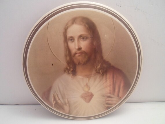 Vintage Art Deco Sacred Heart of Jesus Round Celluloid Plaque Hang or Table Top Goth Flaming Heart Beautiful Spiritual Sepia Tone