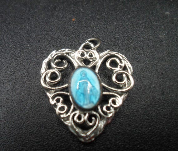Vintage Blue Enamel Silver tone Miraculous Medal: Scrolled Heart Pendant, 1970s