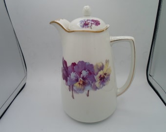 Vintage Silesia Porcelain Chocolate Pot Coffee Pot Artist Signed Hand painted Pansy Age of Innocence cool