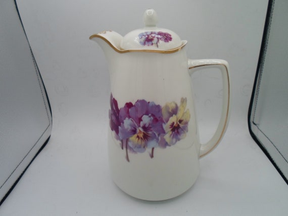 Vintage Silesia Porcelain Chocolate Pot Coffee Pot Artist Signed Hand painted Pansy Age of Innocence cool