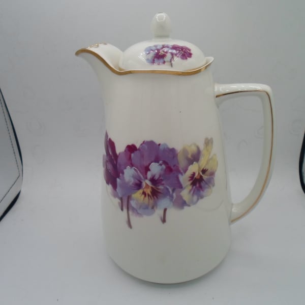 Vintage Silesia Porcelain Chocolate Pot Coffee Pot Artist Signed Hand painted Pansy Age of Innocence cool