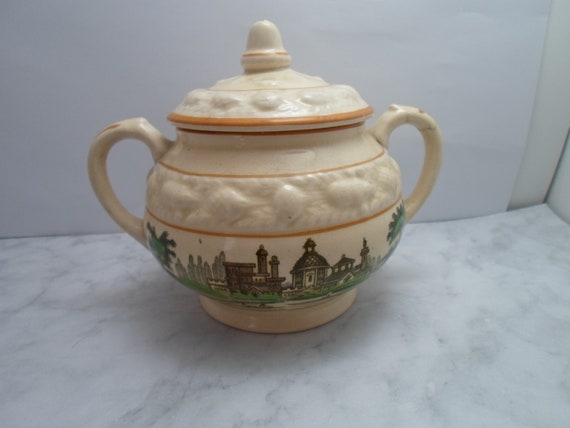 Antique Sugar Bowl and Cover W Adams Son England Italian Scenery Beautiful blow out VintagePottery Covered Trinket /Money Hand Painted