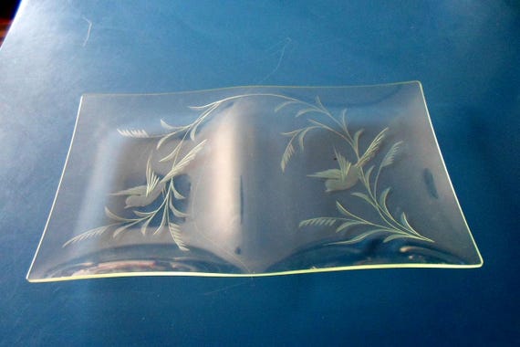 Vintage Art Deco Era Glass Tray Etched Swallows Flowers Absolutely Gorgeous Organic Design