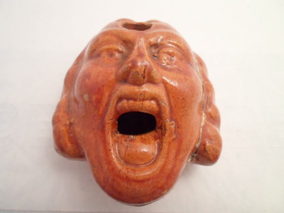 Antique As Found Rare Smoking Head Grotesque Revolutionary Face Mouth Open For Cigarette Hole in Head for Smoke Very Old Desk Top Chic
