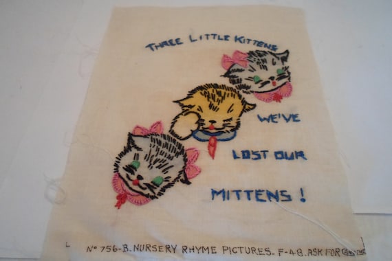 Vintage Antique Original Quilt Square Detailed Embroidered Three Little Kittens Quilt or Frame Cottage Chic Nursery Rhyme