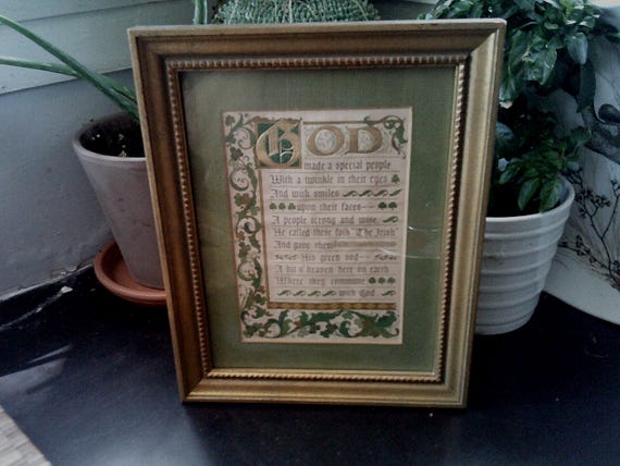 Vintage Framed God made Irish People Saying Poem Beautiful Script Gold Leaf Beaded Wood Frame