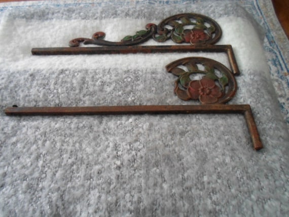 Antique Art Deco Pair Polychrome paint Wrought Iron Swivel Arm Curtain Rods 1 as found Cottage Farm house City Decorator Choice hardware