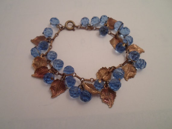 Antique Art Deco Era Bracelet Blue Faceted Crystal Beads with Gold Foil Leaves Stunning Color Chic Deco Style