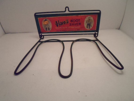 Antique Art Deco Advertising Metal Sign Boot Rack Saver Farmer and Fisherman Graphics Made in USA Minneapolis Minn.