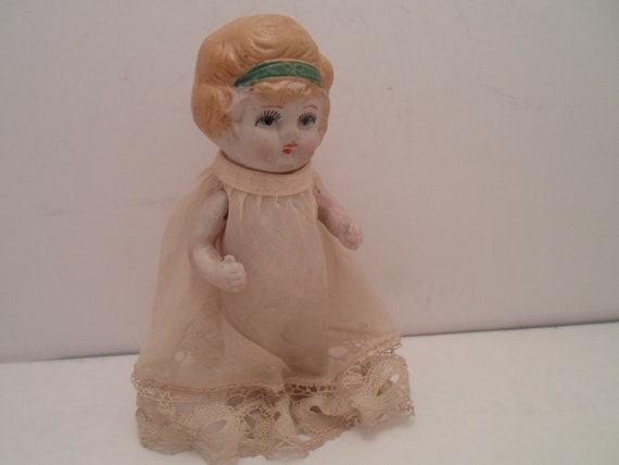 Antique Bisque Doll Hand Painted Face and Hair Hand Crochet Edge on Dress Flapper Style Embossed on Back Made in Japan