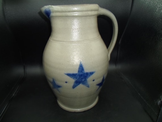 Rowe Pottery Works Stoneware Large Pitcher Star Pattern Salt Glazed 10" Signed obscure chips