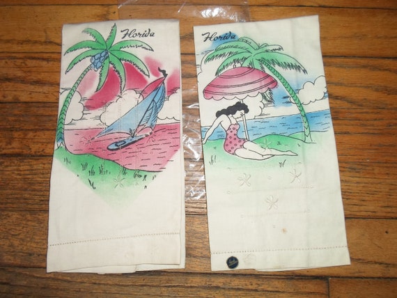 Vintage Art Deco Florida Hand Painted Embroidered Souvenir Towels Never Used Tiki Cute Cottage Ready City Kitch