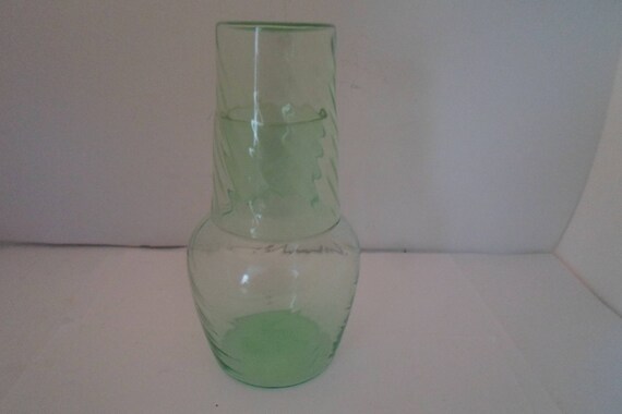 Antique Vintage Depression Glass Bedside Water Set Night Stand Set Swirl Optic Bottle and Tumbler Personal Vile